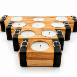 Ahşap Tealight Mumluk Kemer Tokalı Deri Detaylı 4lü Set Woodile